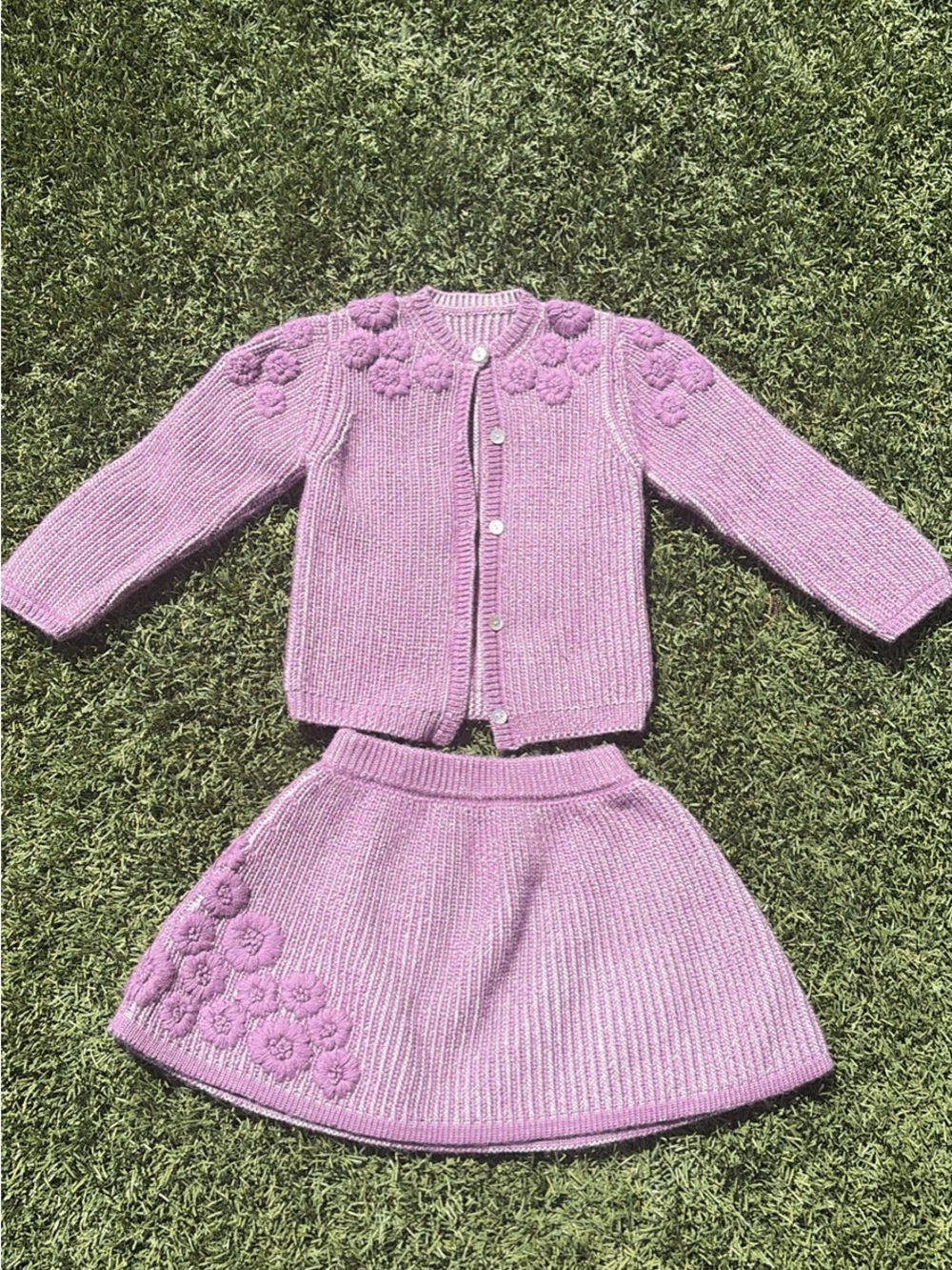 Lilac Knit Floral Cardigan & Skirt Set